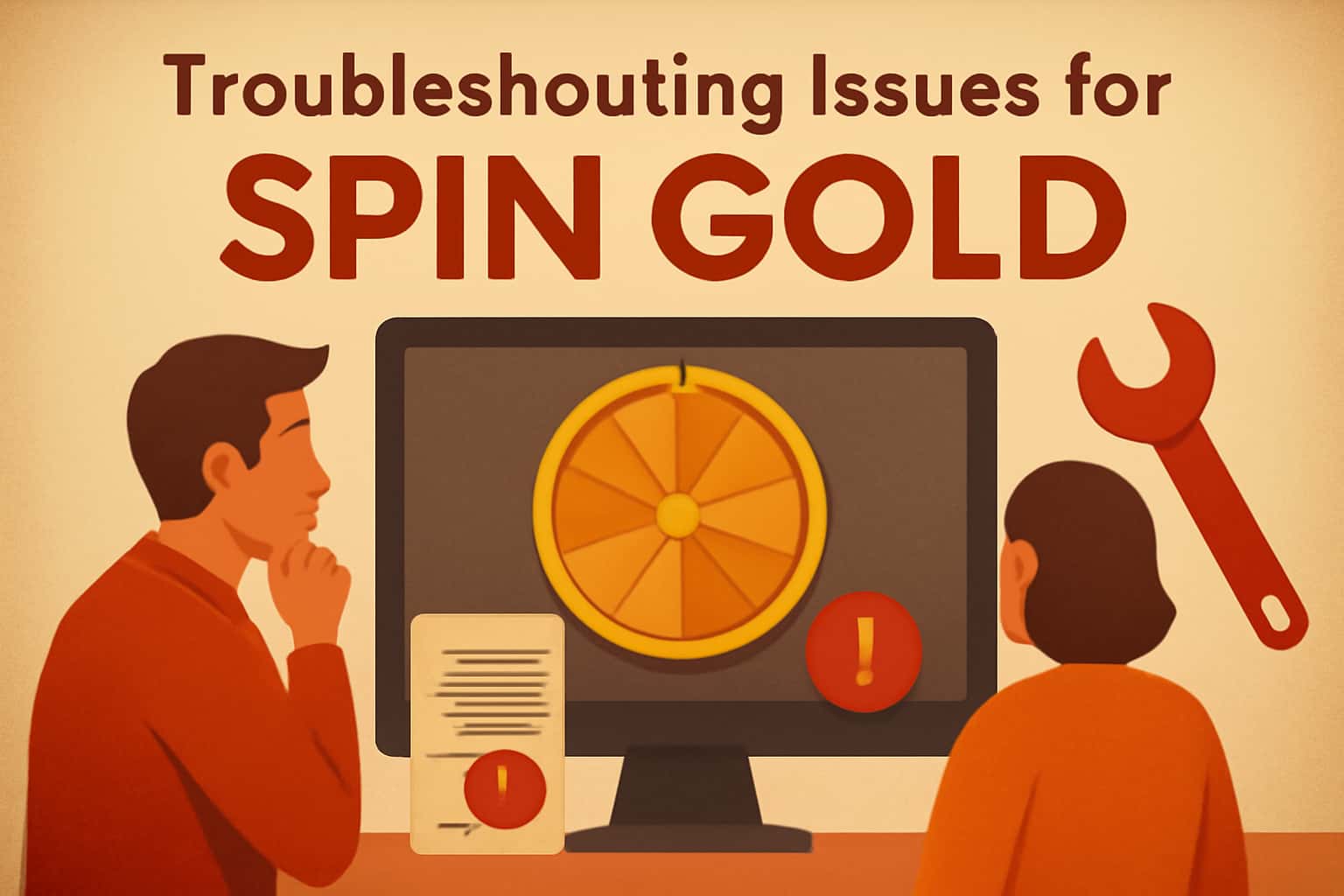 An informational scene displaying troubleshooting steps for the Spin Gold app.